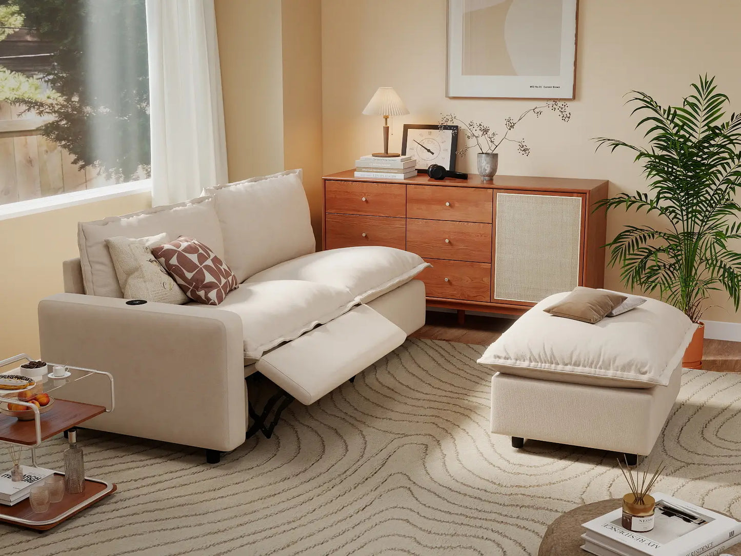 3 Piece Beige Linen Small Space Chaise Sectionals 2 Seater with 1 Ottoman 1