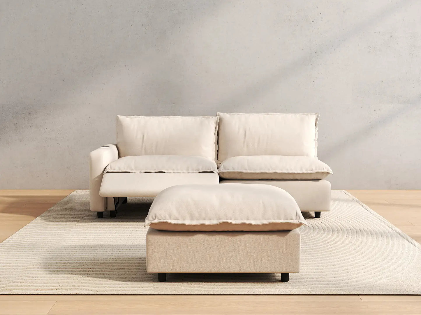 3 Piece Beige Linen Small Space Chaise Sectionals 2 Seater with 1 Ottoman 5
