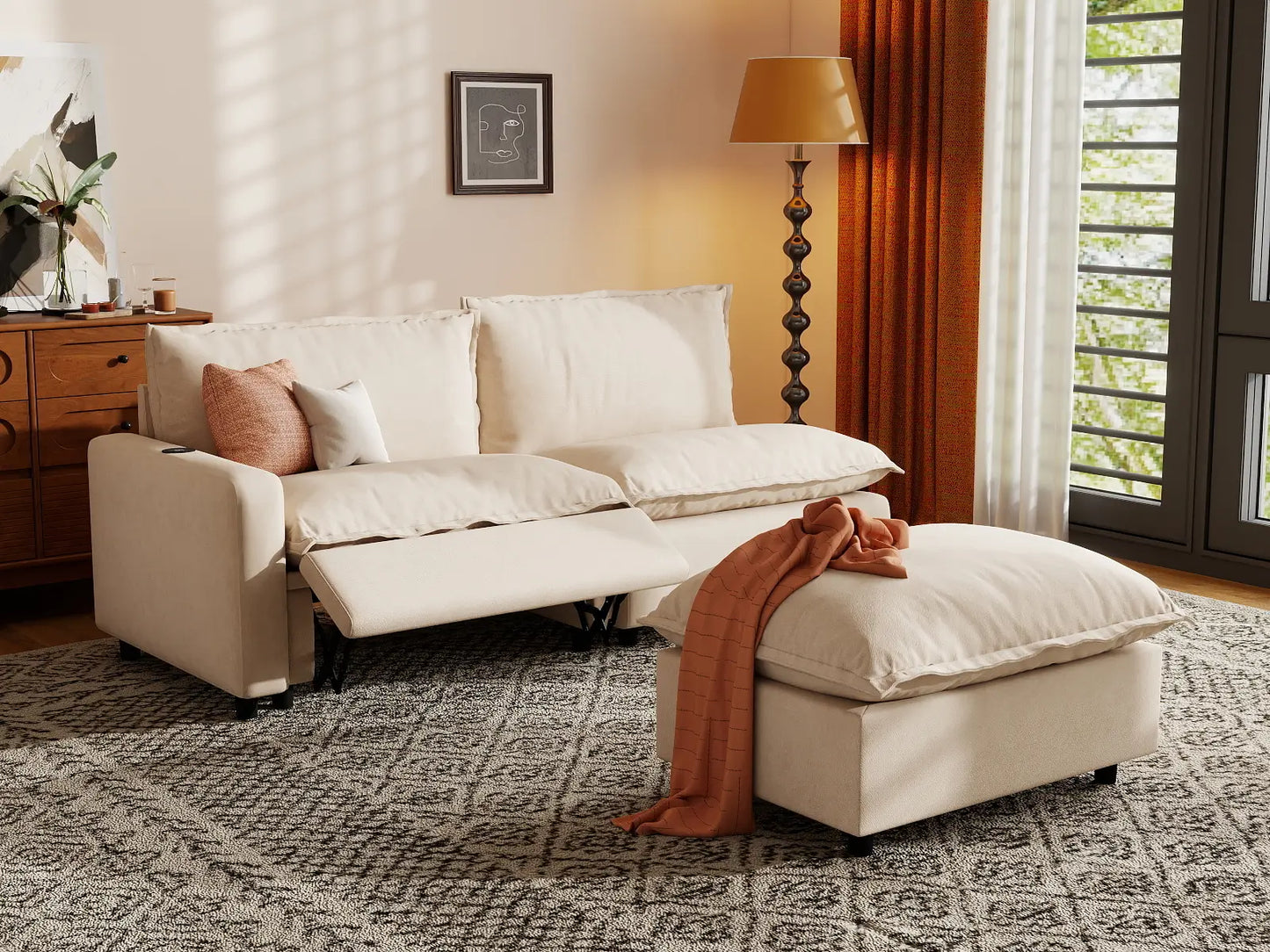 3 Piece Beige Linen Small Space Chaise Sectionals 2 Seater with 1 Ottoman 7
