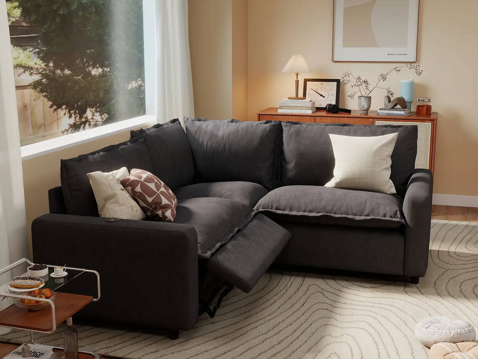 3 Piece Grey Linen Small Space V Shaped Sectionals 3 Seater 7