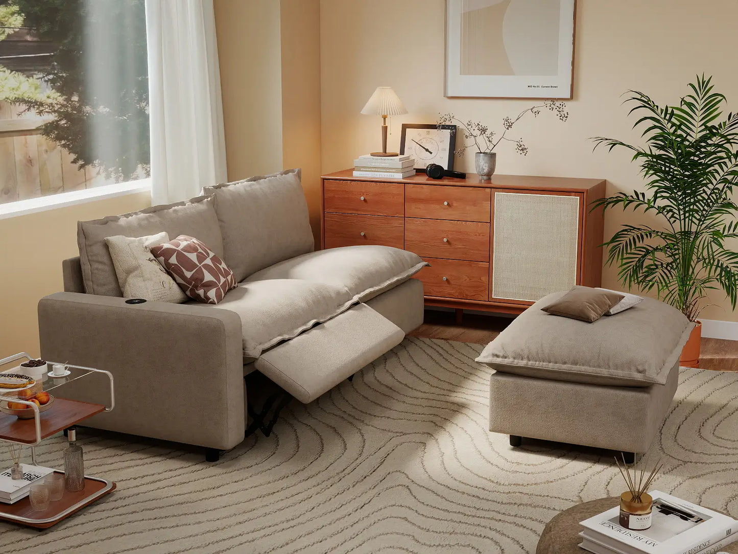 3 Piece Khaki Linen Home Living Chaise Sectionals 2 Seater with 1 Ottoman 1