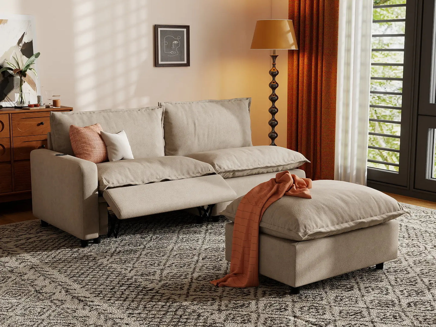 3 Piece Khaki Linen Home Living Chaise Sectionals 2 Seater with 1 Ottoman 7