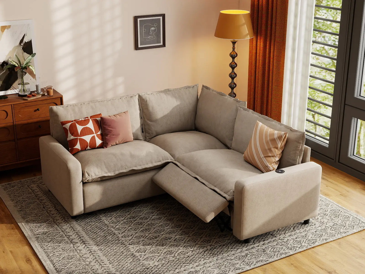 3 Piece Khaki Linen Modern Farmhouse V Shaped Sectionals 3 Seater 1