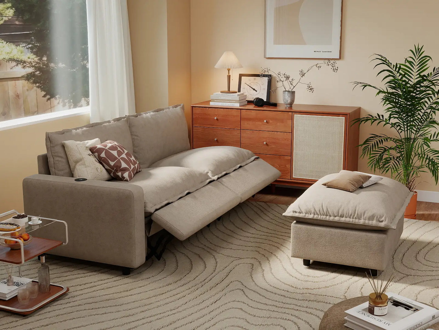 3 Piece Khaki Linen Small Space Chaise Sectionals 2 Seater with 1 Ottoman 1