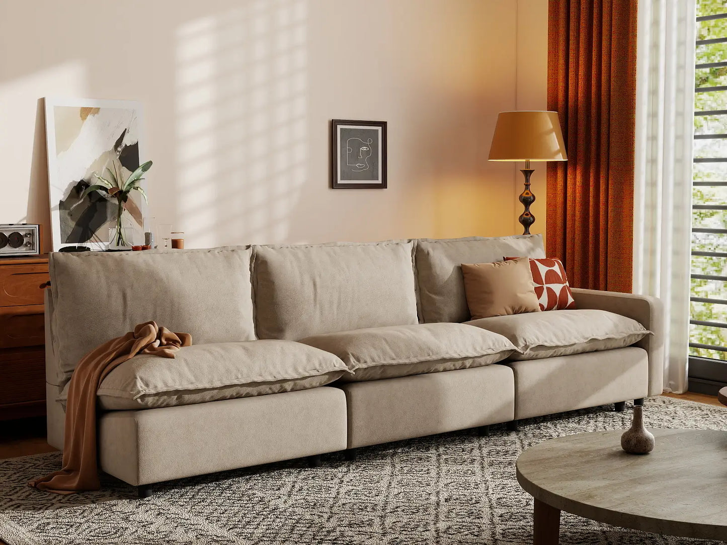 3 Piece Khaki Linen Small Space Couch Sectionals 3 Seater 5