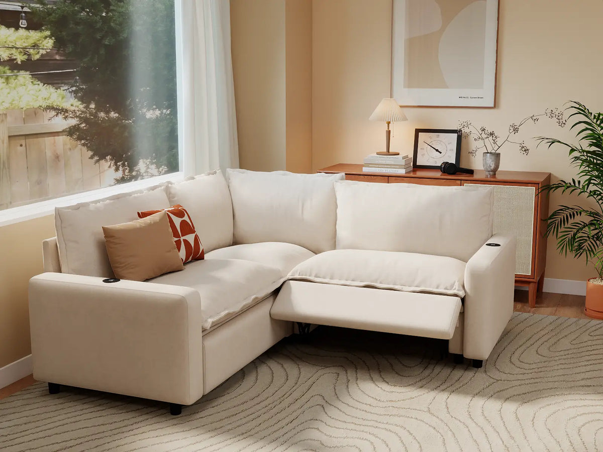 Modular Cero Reclining Sectionals | 3-Piece Beige Linen Grand Estate V-Shaped Sectionals 3-Seater