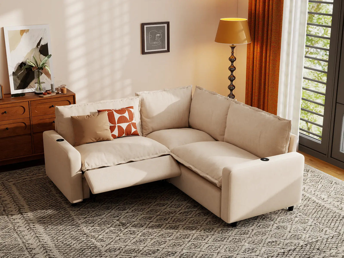 Modular Cero Reclining Sectionals | 3-Piece Beige Linen Grand Estate V-Shaped Sectionals 3-Seater