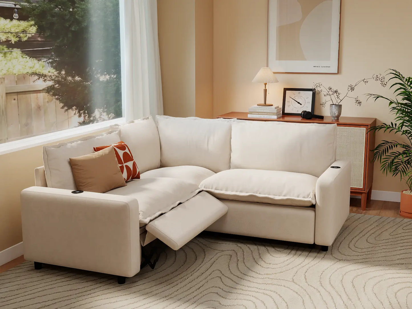 Modular Cero Reclining Sectionals | 3-Piece Beige Linen Grand Estate V-Shaped Sectionals 3-Seater
