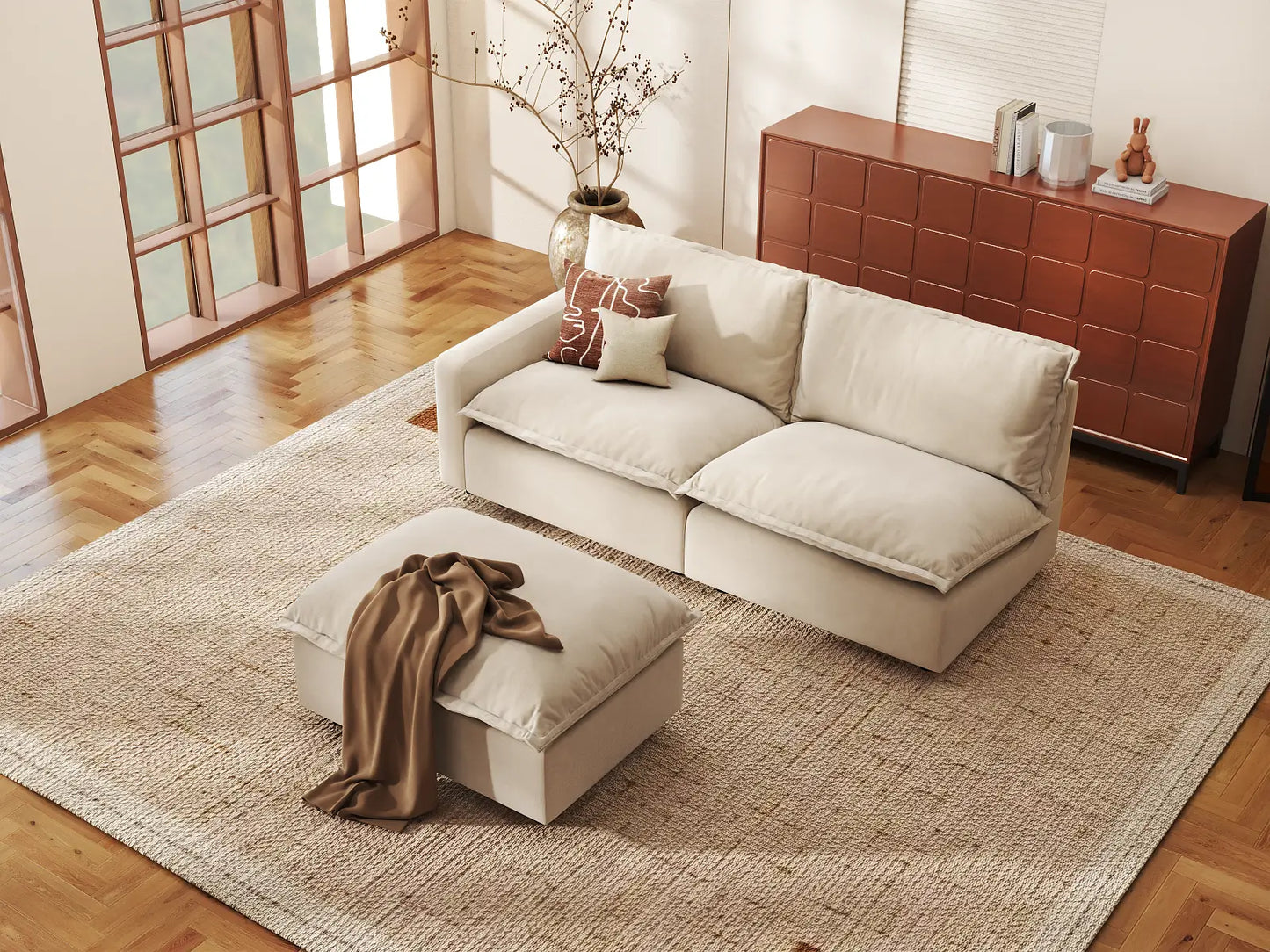 Modular Cero Small Modular Sectional | 3-Piece Beige Linen Home Living Chaise Sectionals 2-Seater with 1-Ottoman