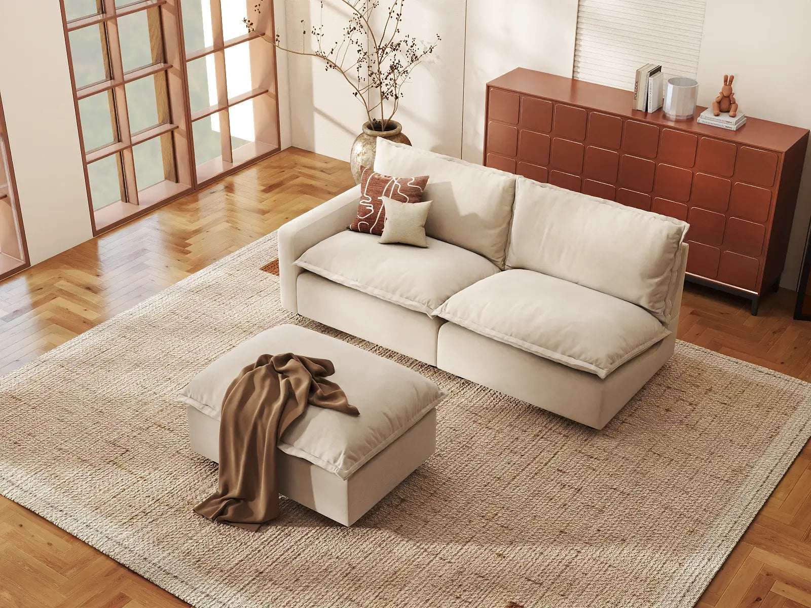 Modular Cero Small Modular Sectional | 3-Piece Beige Linen Home Living Chaise Sectionals 2-Seater with 1-Ottoman
