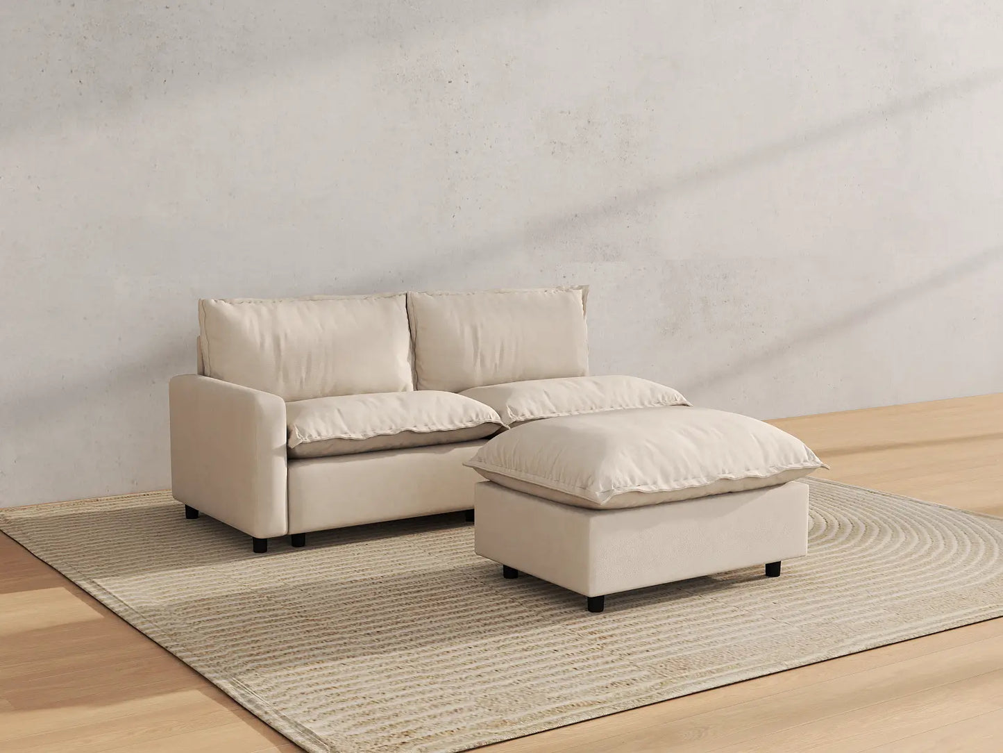 Modular Cero Small Modular Sectional | 3-Piece Beige Linen Home Living Chaise Sectionals 2-Seater with 1-Ottoman