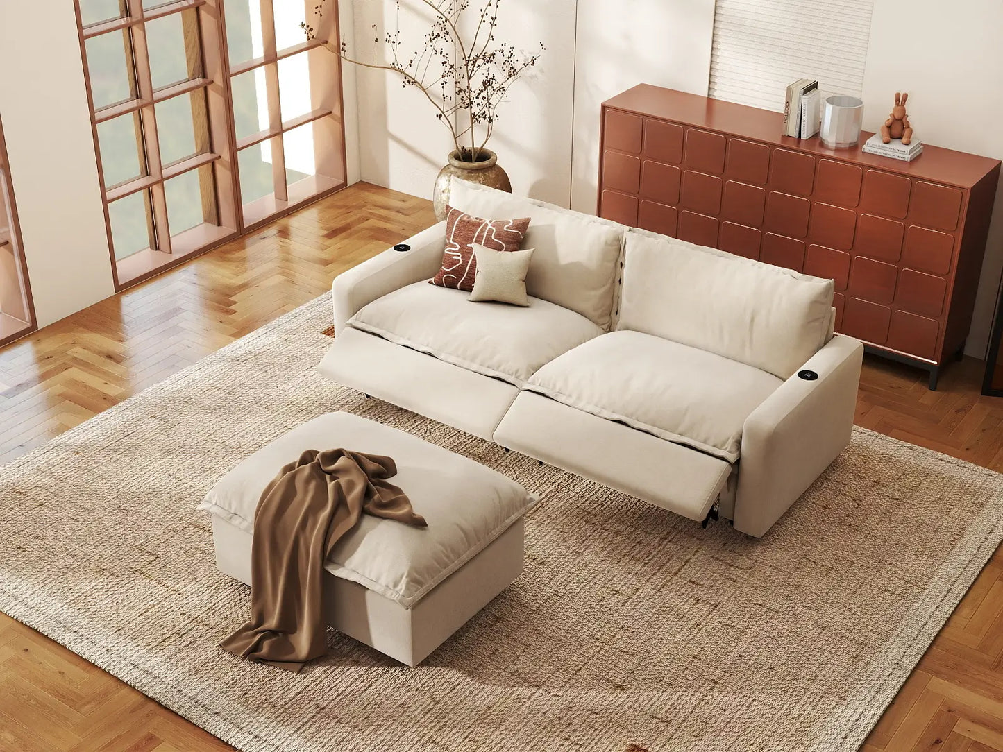 Modular Cero Reclining Sectionals | 3-Piece Beige Linen Small Space Chaise Sectionals 2-Seater with 1-Ottoman