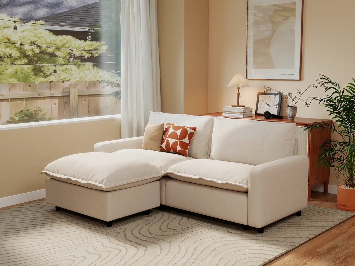 Modular Cero Modular Sectionals | 3-Piece Beige Linen Small Space Chaise Sectionals 2-Seater with 1-Ottoman