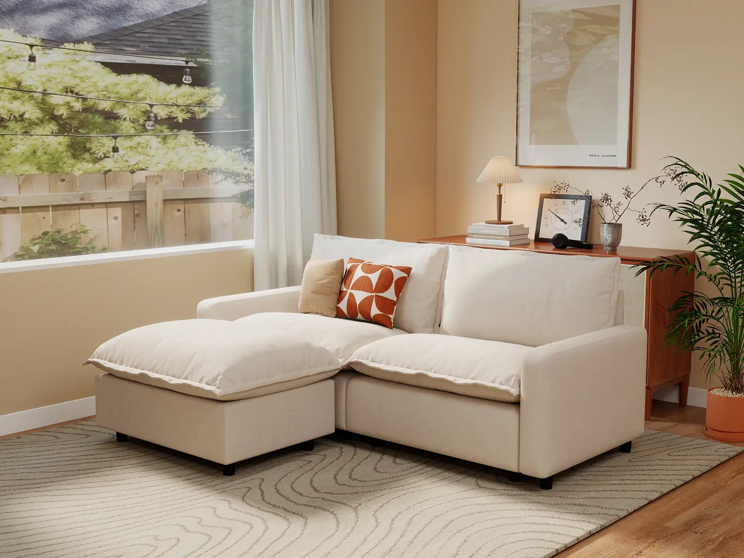 Modular Cero Modular Sectionals | 3-Piece Beige Linen Small Space Chaise Sectionals 2-Seater with 1-Ottoman