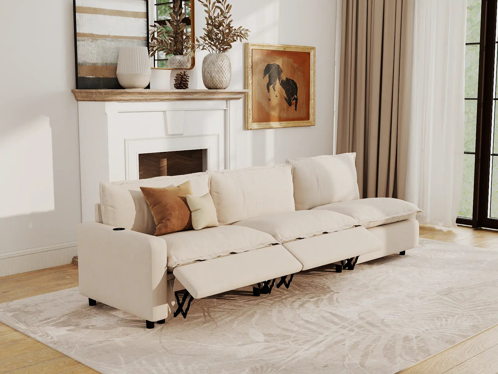 Modular Cero Sectional Couch and Recliner | 3-Piece Beige Linen Small Space Couch Sectionals 3-Seater