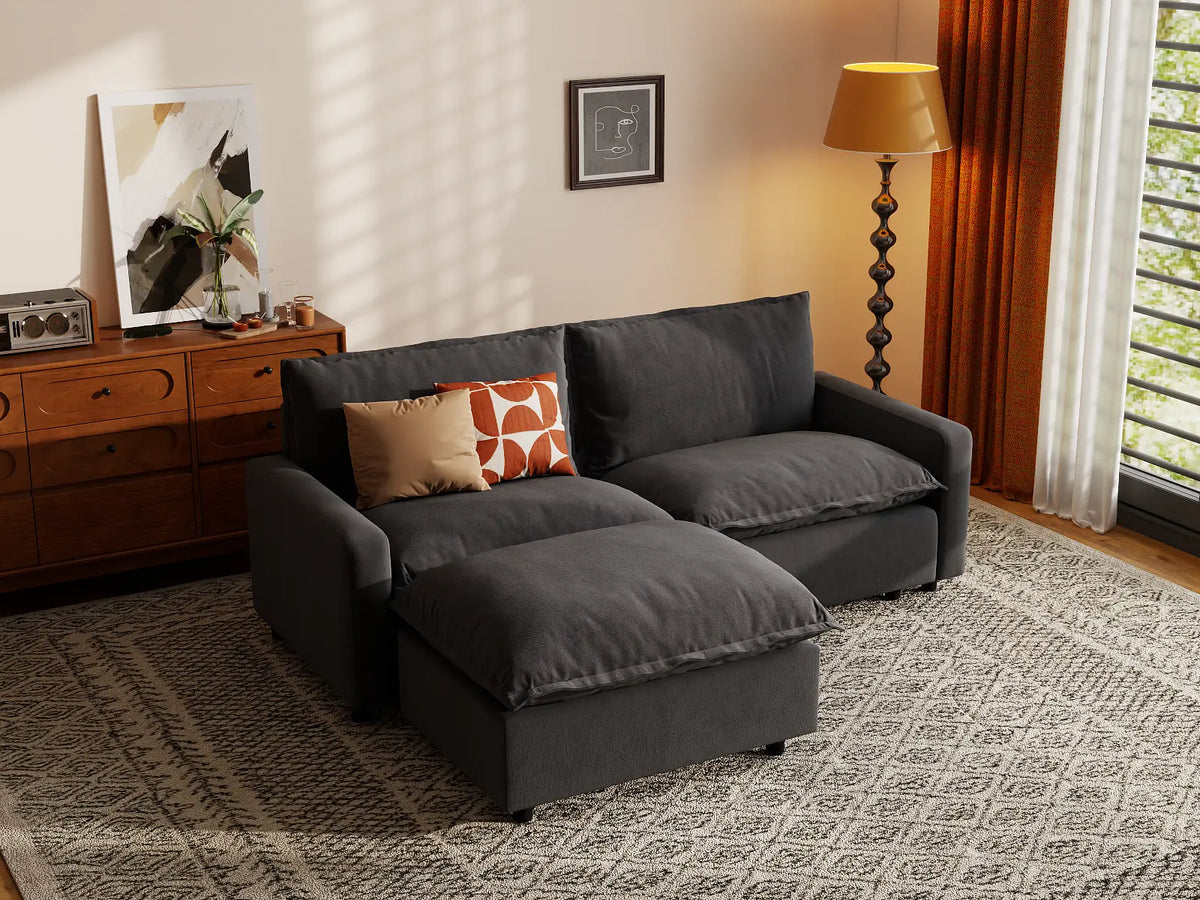 Modular Cero Modular Sectionals | 3-Piece Grey Linen Home Living Chaise Sectionals 2-Seater with 1-Ottoman