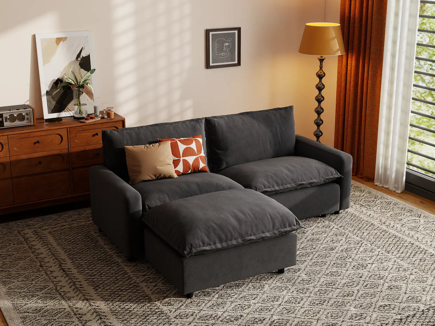 Modular Cero Modular Sectionals | 3-Piece Grey Linen Home Living Chaise Sectionals 2-Seater with 1-Ottoman