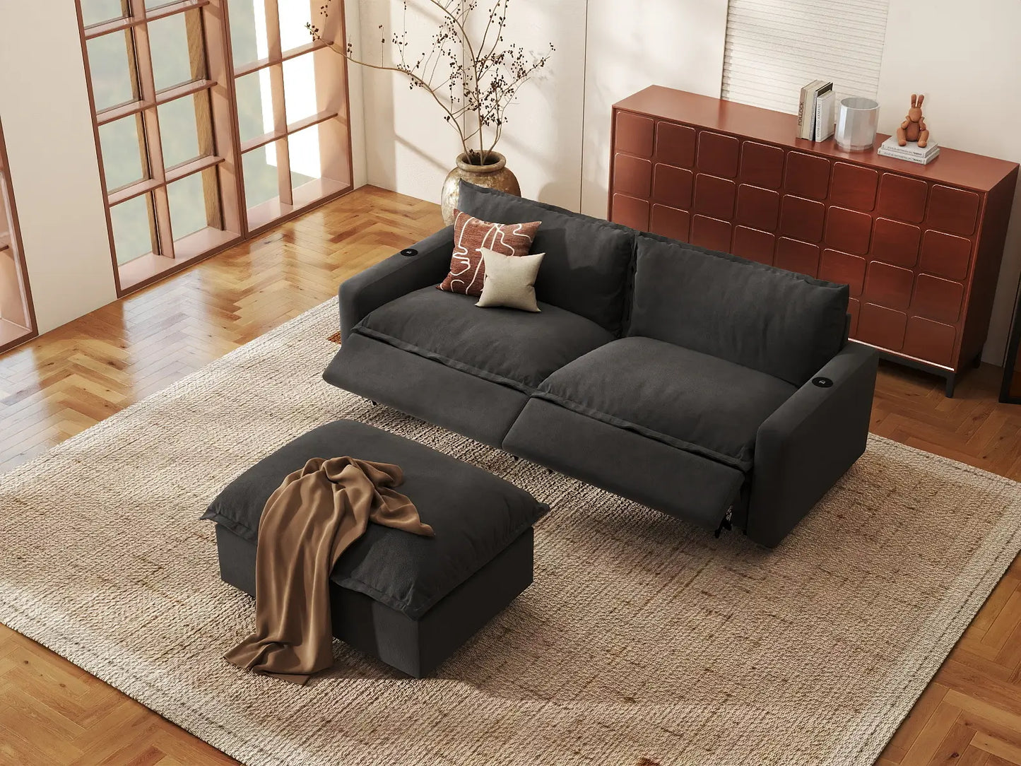 Modular Cero Reclining Sectionals | 3-Piece Grey Linen Small Space Chaise Sectionals 2-Seater with 1-Ottoman