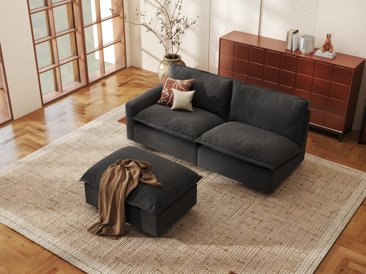Modular Cero Modular Sectional with Ottoman | 3-Piece Grey Linen Small Space Chaise Sectionals 2-Seater with 1-Ottoman