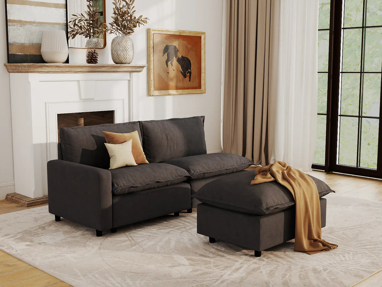 Modular Cero Modular Sectional with Ottoman | 3-Piece Grey Linen Small Space Chaise Sectionals 2-Seater with 1-Ottoman