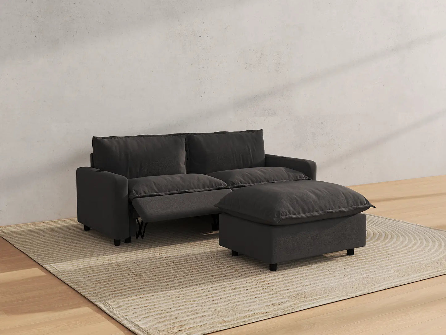 Modular Cero Reclining Sectionals | 3-Piece Grey Linen Small Space Chaise Sectionals 2-Seater with 1-Ottoman