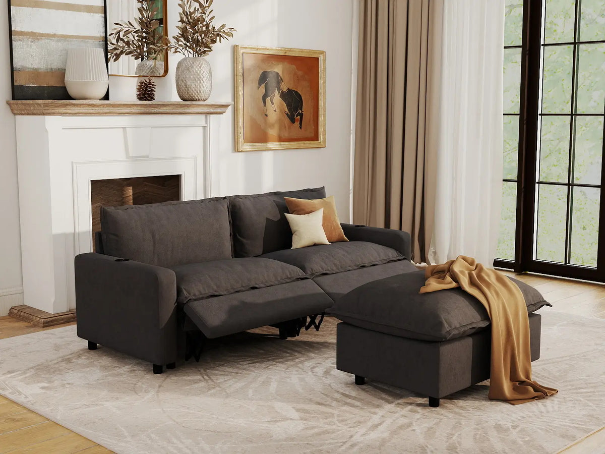 Modular Cero Reclining Sectionals | 3-Piece Grey Linen Small Space Chaise Sectionals 2-Seater with 1-Ottoman
