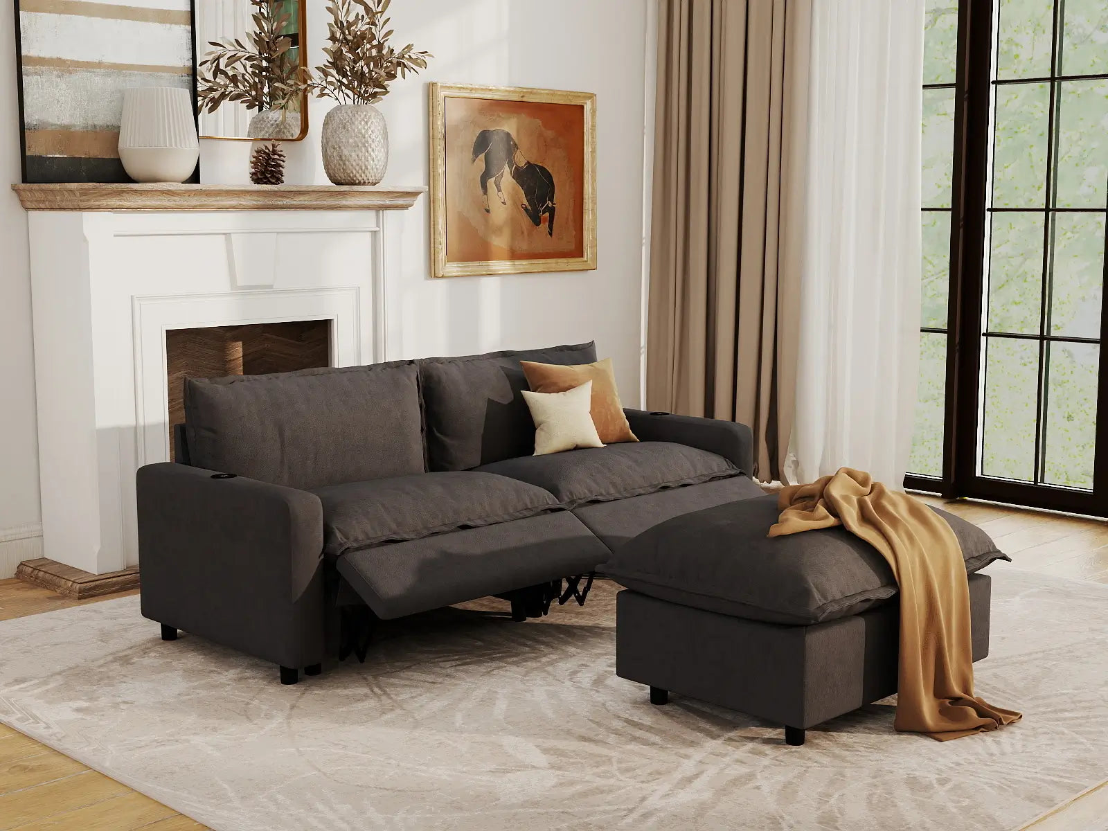 Modular Cero Small Reclining Sectional | 3-Piece Grey Linen Small Space Chaise Sectionals 2-Seater with 1-Ottoman