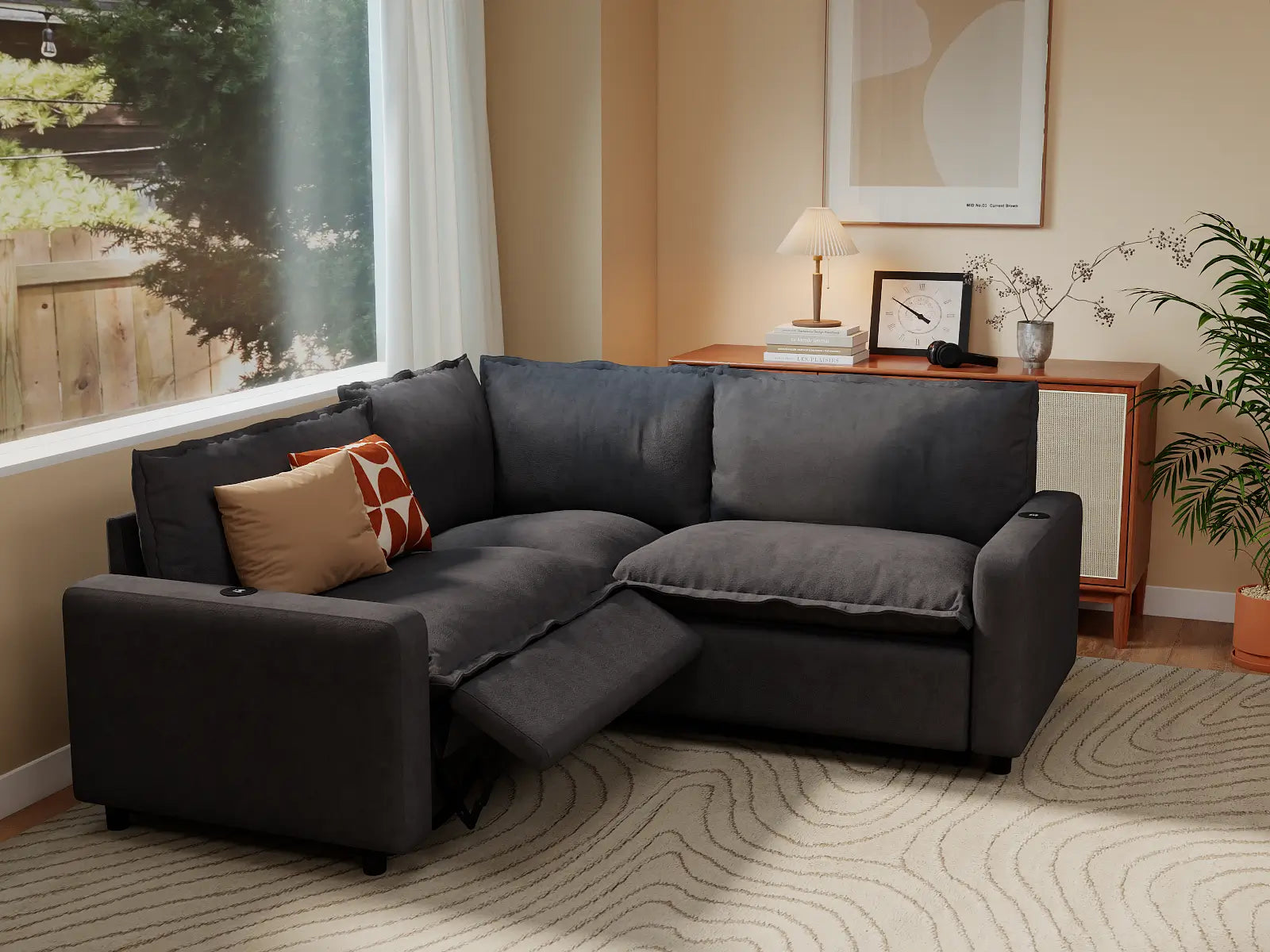 Modular Cero Reclining Sectionals | 3-Piece Grey Linen Small Space V-Shaped Sectionals 3-Seater
