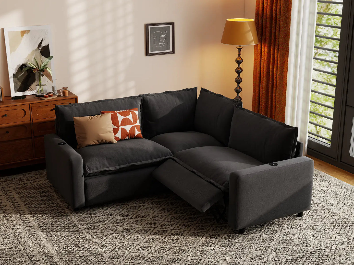 Modular Cero Reclining Sectionals | 3-Piece Grey Linen Small Space V-Shaped Sectionals 3-Seater