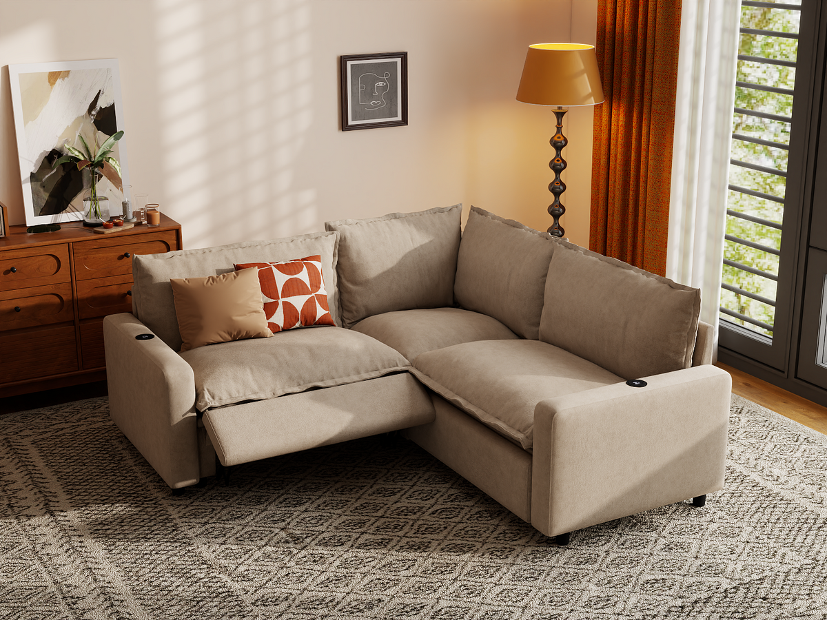 Modular Cero Reclining Sectionals | 3-Piece Khaki Linen Grand Estate V-Shaped Sectionals 3-Seater