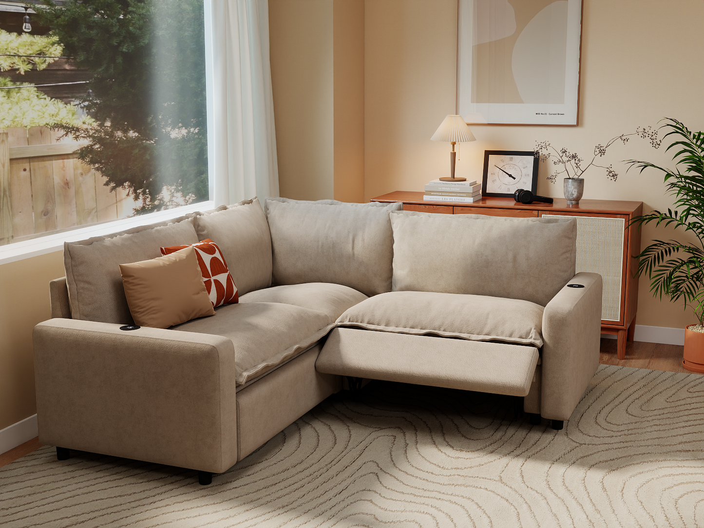 Modular Cero Reclining Sectionals | 3-Piece Khaki Linen Grand Estate V-Shaped Sectionals 3-Seater