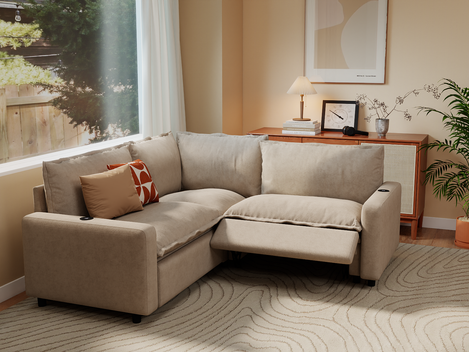 Modular Cero Sectional Couch with Recliner | 3-Piece Khaki Linen Grand Estate V-Shaped Sectionals 3-Seater