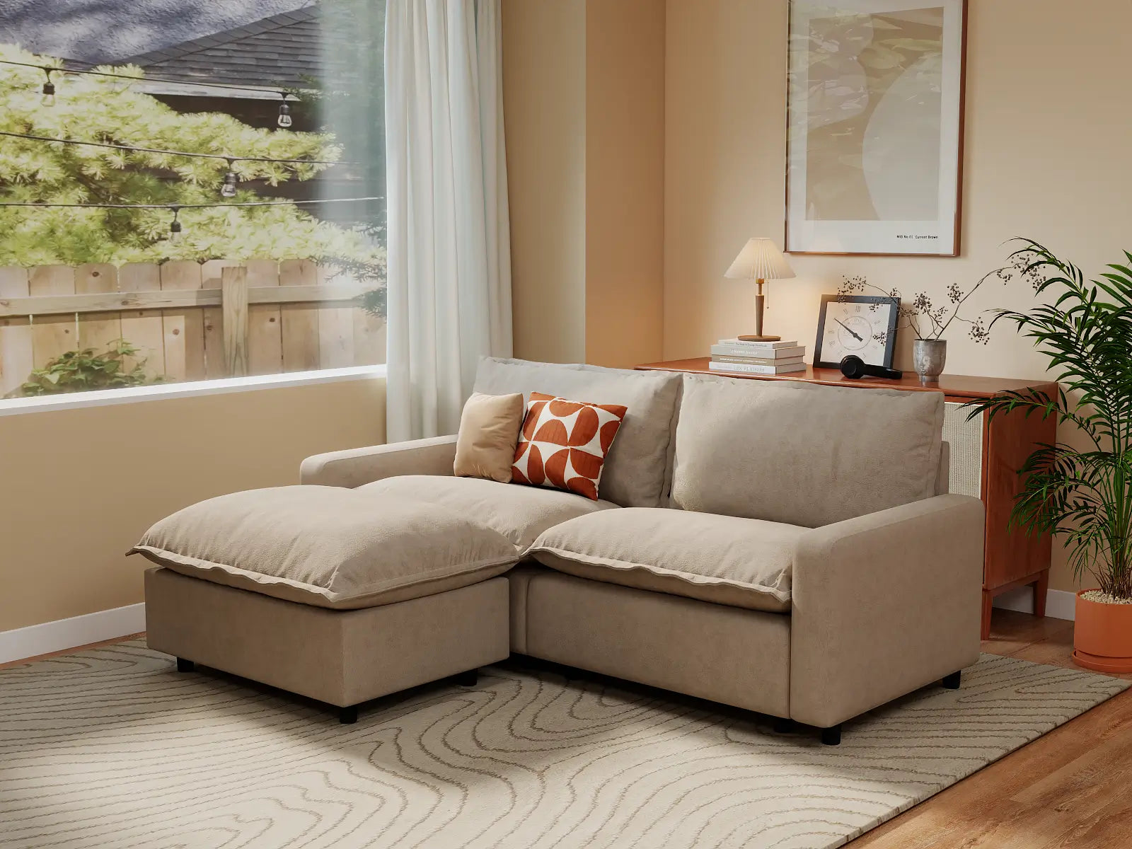 Modular Cero Small Modular Sectional | 3-Piece Khaki Linen Small Space Chaise Sectionals 2-Seater with 1-Ottoman