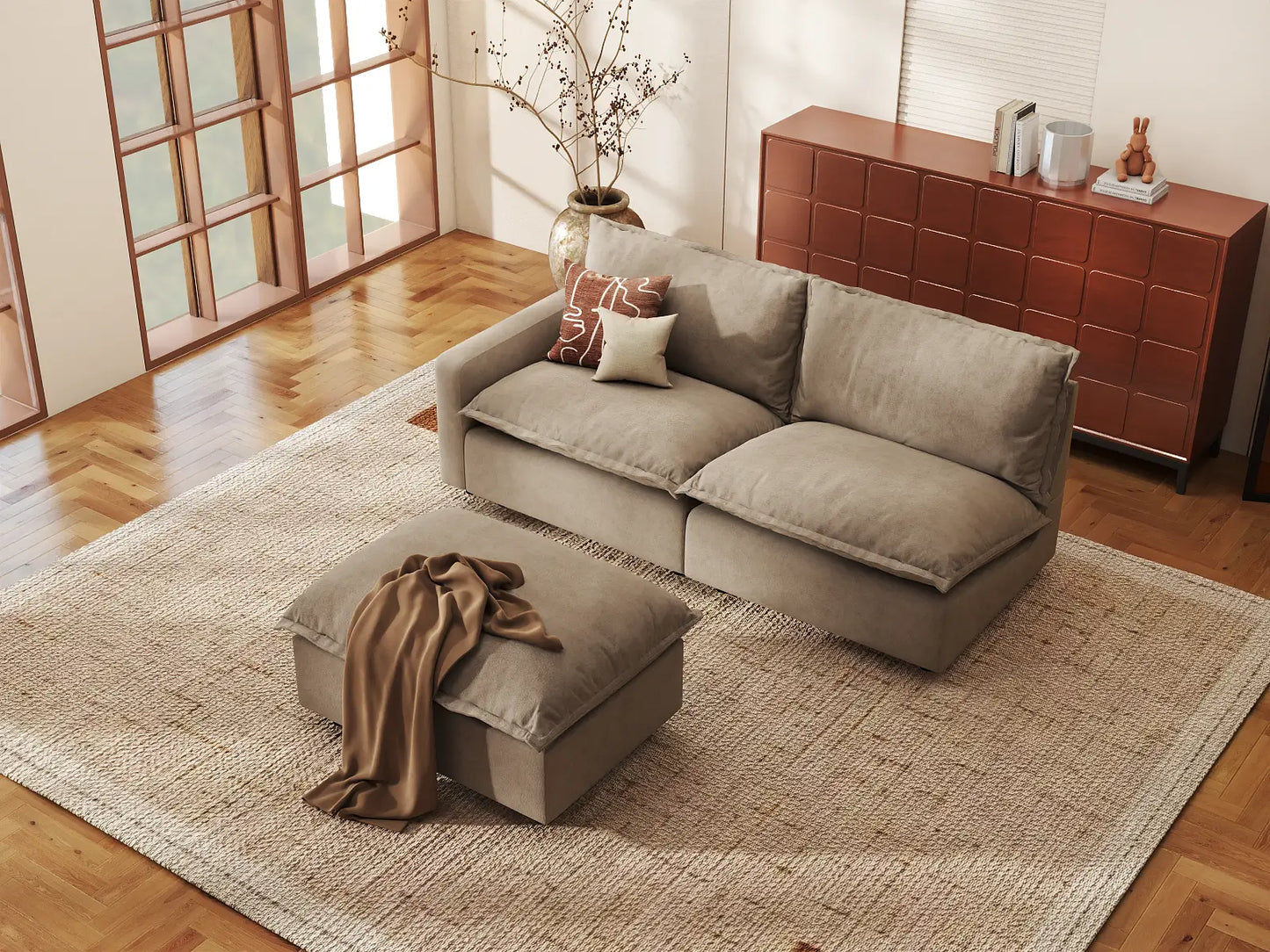 Modular Cero Modular Sectional for Small Space | 3-Piece Khaki Linen Small Space Chaise Sectionals 2-Seater with 1-Ottoman