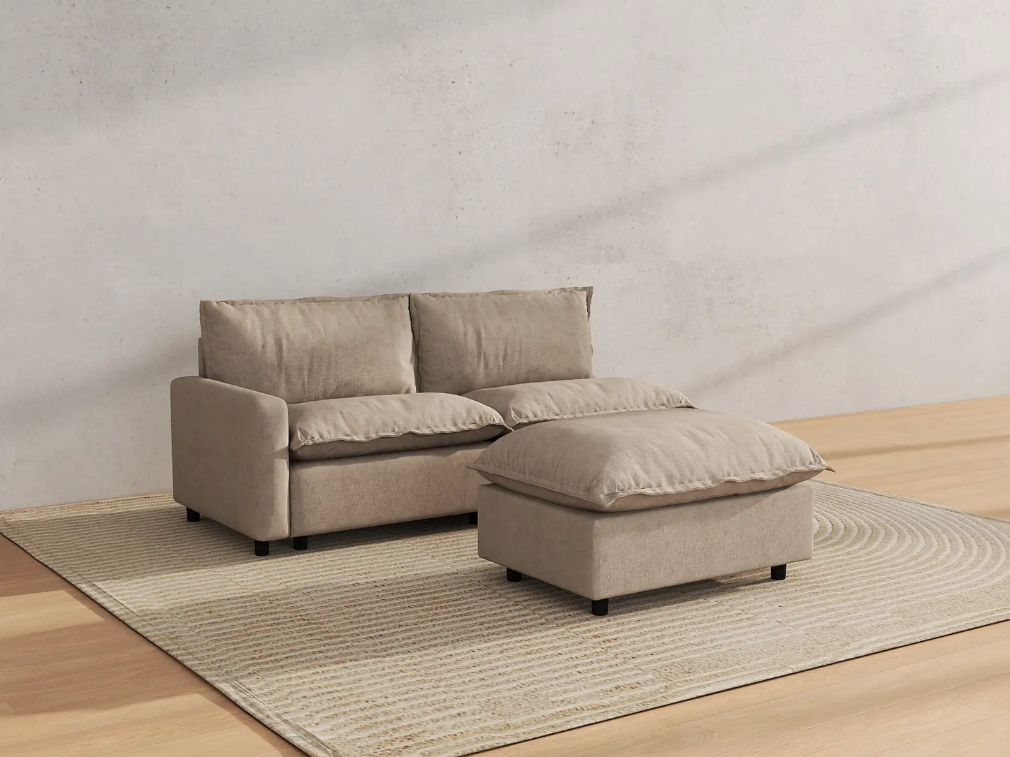 Modular Cero Modular Sectional for Small Space | 3-Piece Khaki Linen Small Space Chaise Sectionals 2-Seater with 1-Ottoman