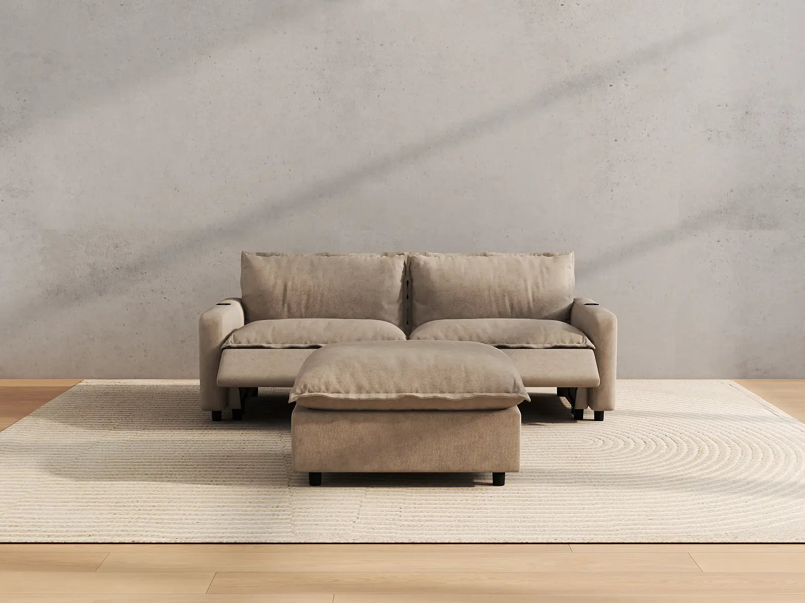 Modular Cero Small Sectional with Chaise and Recliner | 3-Piece Khaki Linen Small Space Chaise Sectionals 2-Seater with 1-Ottoman