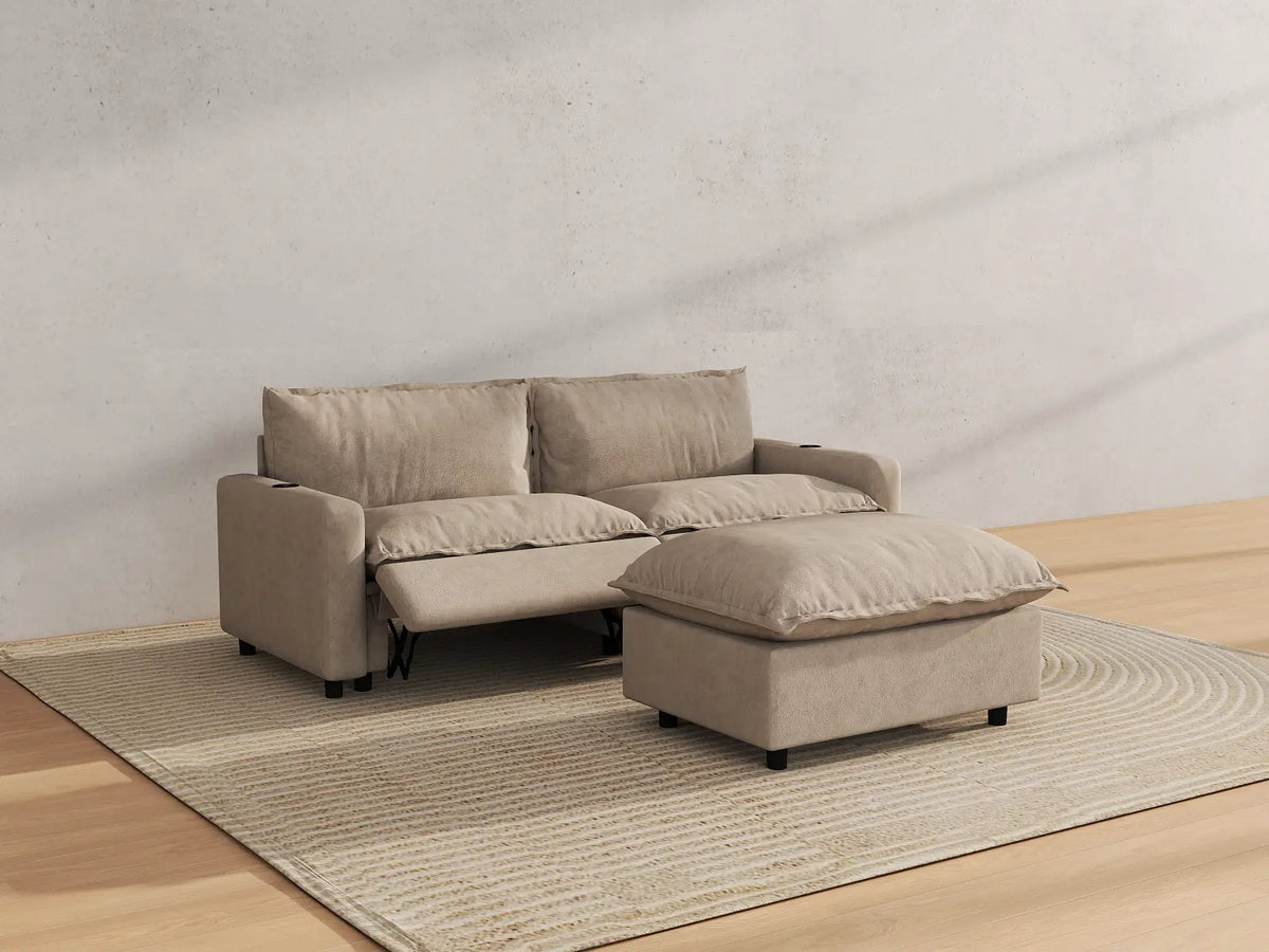 Modular Cero Reclining Sectionals | 3-Piece Khaki Linen Small Space Chaise Sectionals 2-Seater with 1-Ottoman