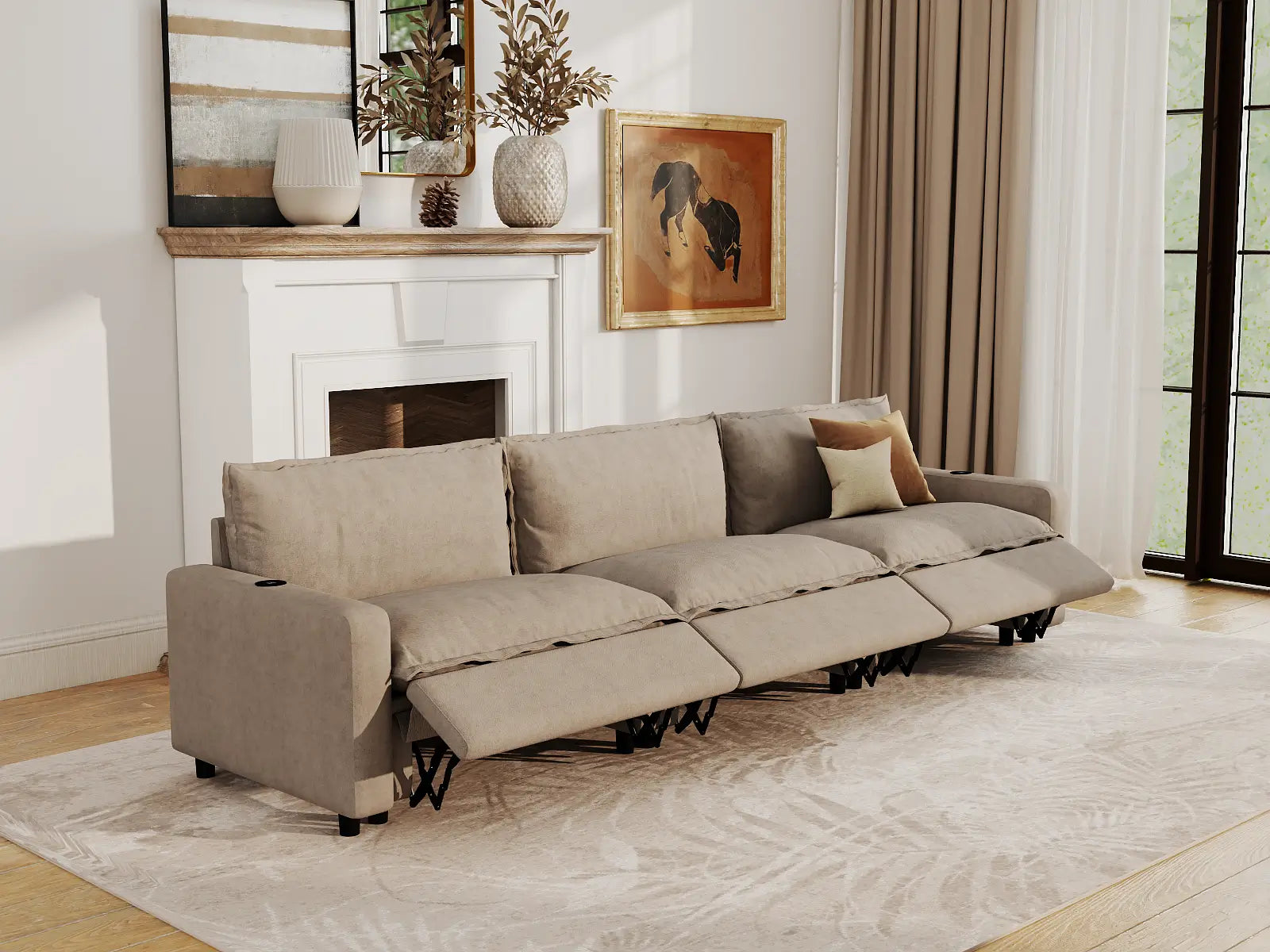 Modular Cero Recliner Sectional Couch | 3-Piece Khaki Linen Small Space Couch Sectionals 3-Seater