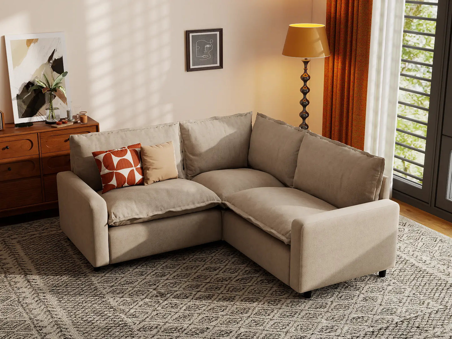 Modular Cero Modular Sectionals | 3-Piece Khaki Linen Small Space V-Shaped Sectionals 3-Seater