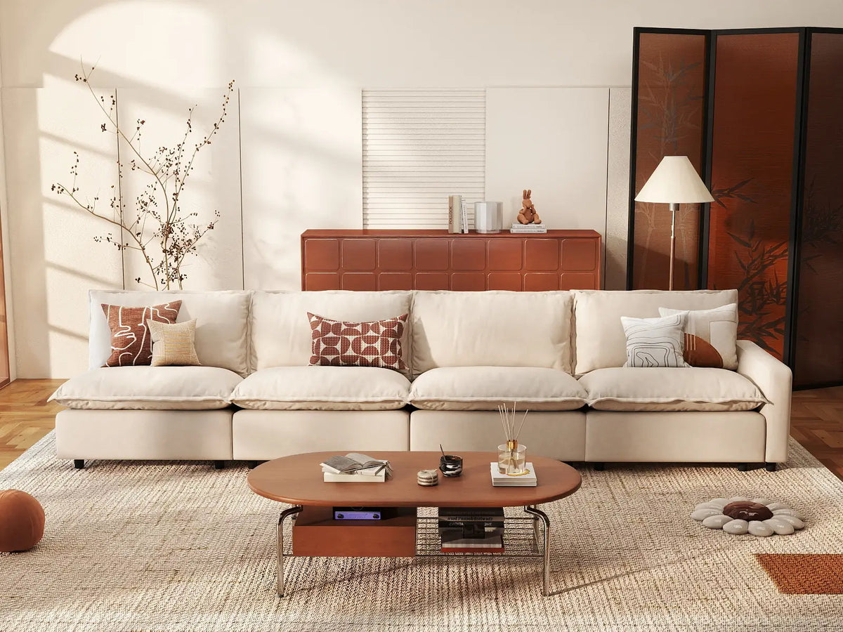 4 Piece Beige Linen Family Room Couch Sectionals 4 Seater 1