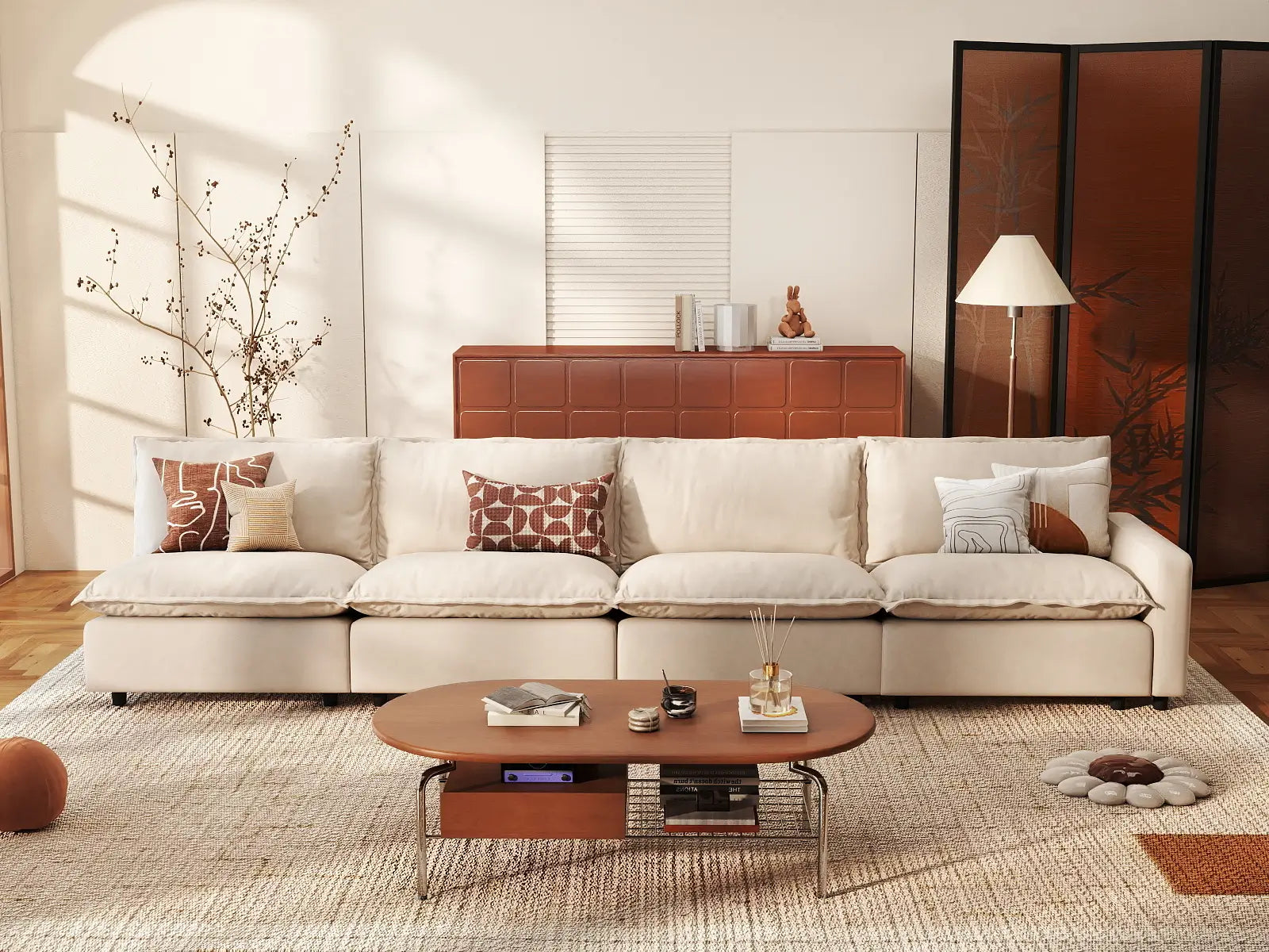 4 Piece Beige Linen Family Room Couch Sectionals 4 Seater 1