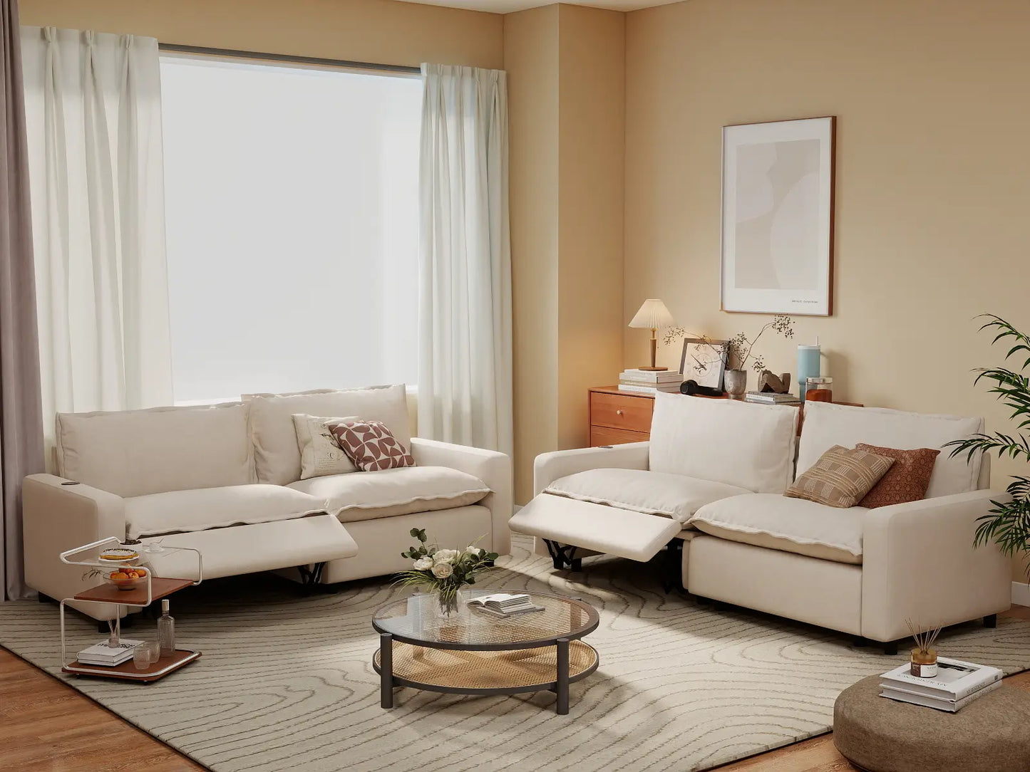 4 Piece Beige Linen Grand Estate V Shaped Sectionals 4 Seater 1