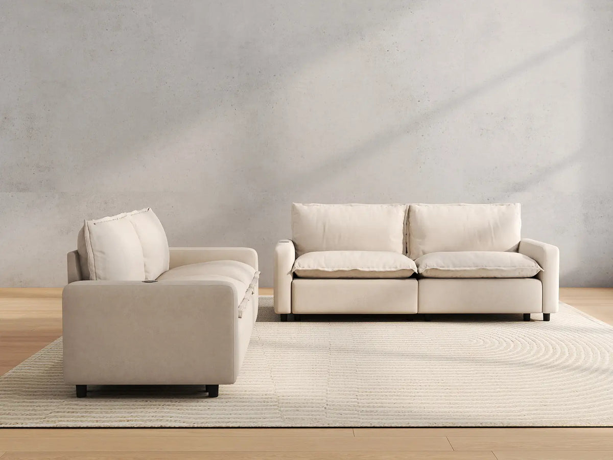 4 Piece Beige Linen Grand Estate V Shaped Sectionals 4 Seater 4