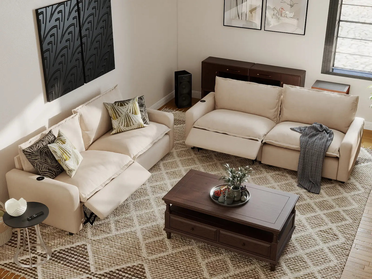 4 Piece Beige Linen Grand Estate V Shaped Sectionals 4 Seater 7
