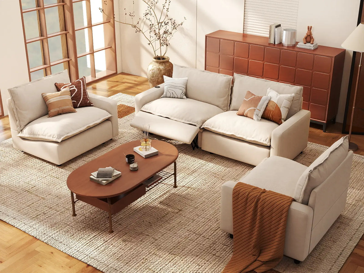4 Piece Beige Linen High Ceiling Room U Shaped Sectionals 4 Seater 1