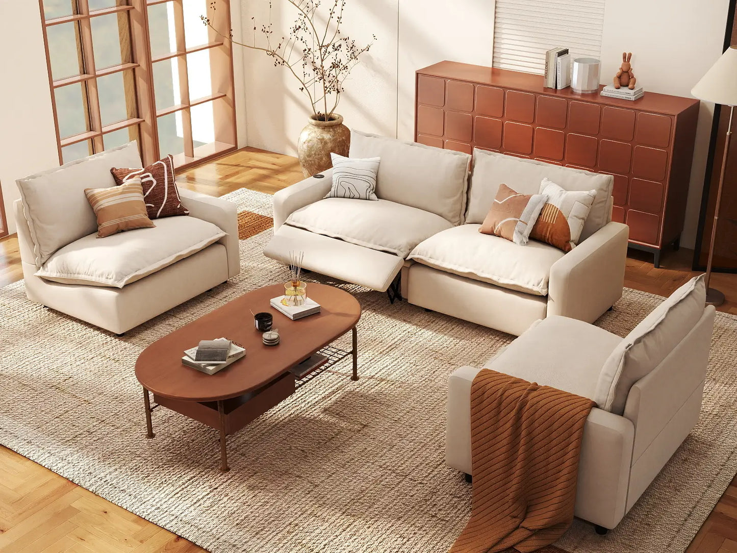 4 Piece Beige Linen High Ceiling Room U Shaped Sectionals 4 Seater 1