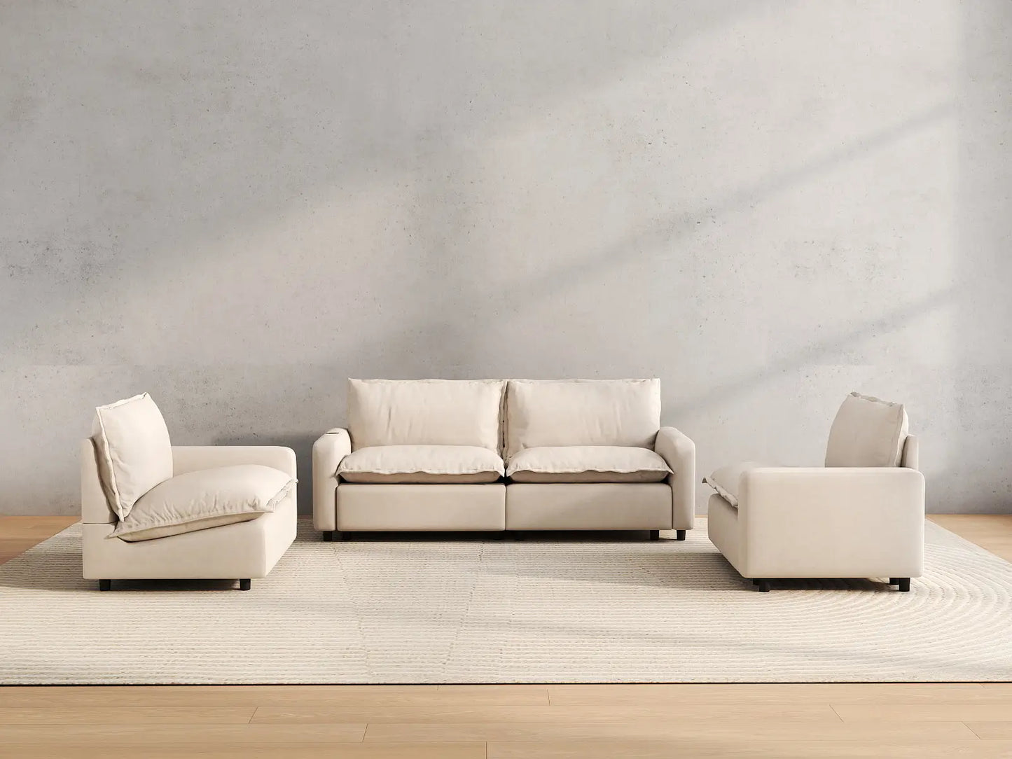 4 Piece Beige Linen High Ceiling Room U Shaped Sectionals 4 Seater 4