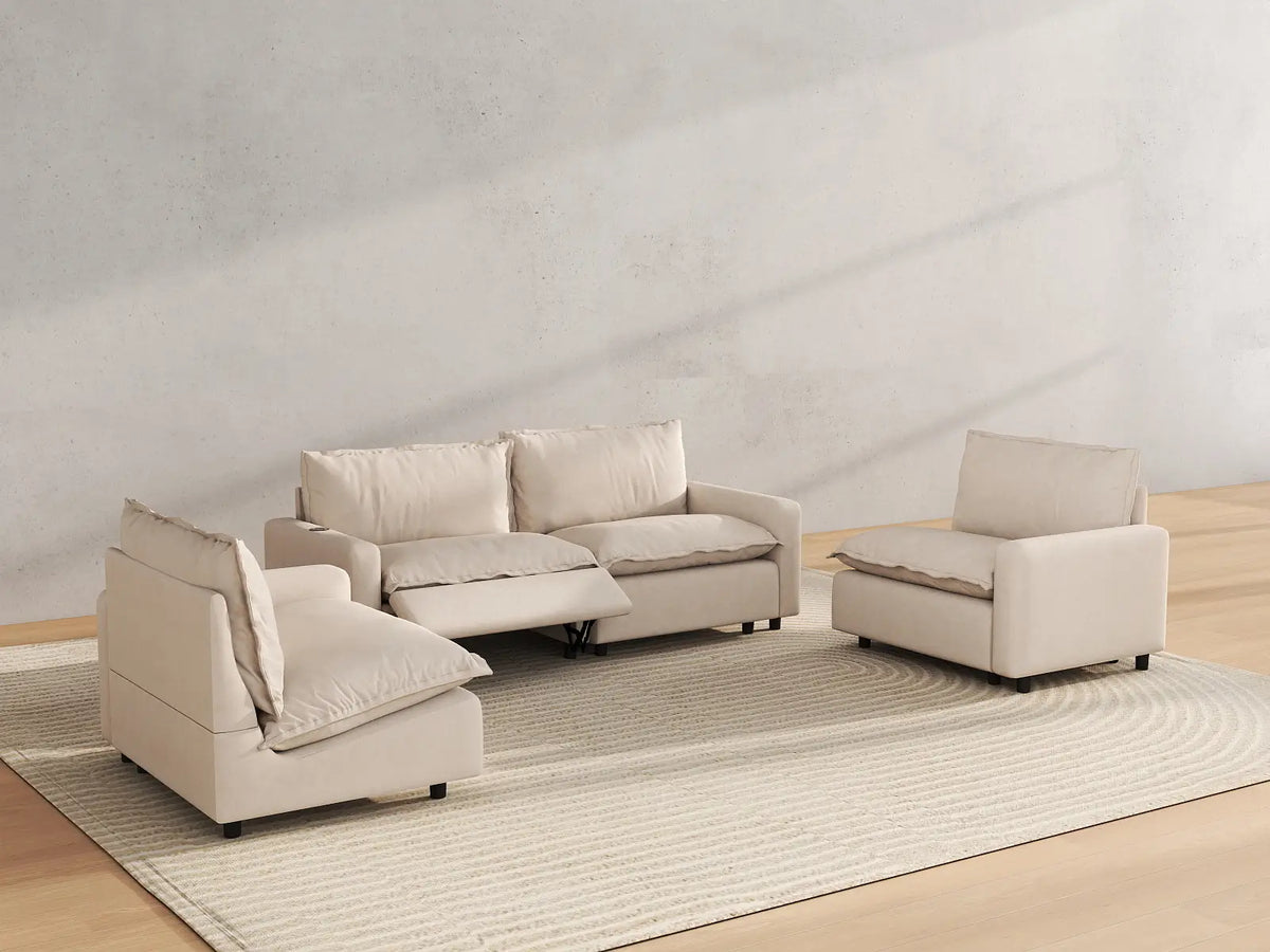 4 Piece Beige Linen High Ceiling Room U Shaped Sectionals 4 Seater 6