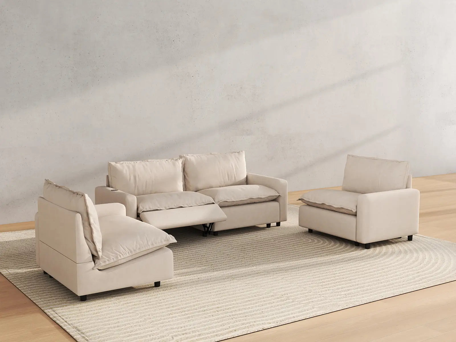 4 Piece Beige Linen High Ceiling Room U Shaped Sectionals 4 Seater 6