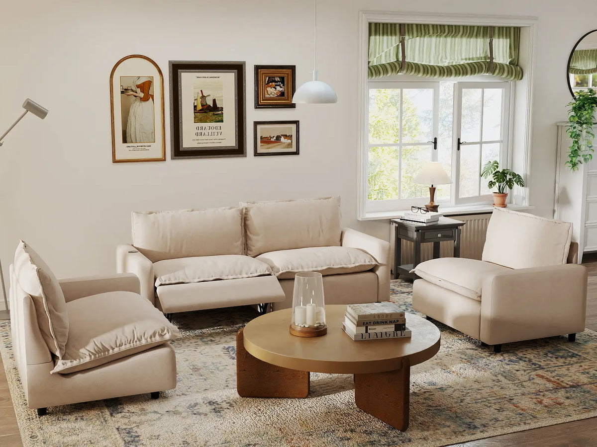 4 Piece Beige Linen High Ceiling Room U Shaped Sectionals 4 Seater 7